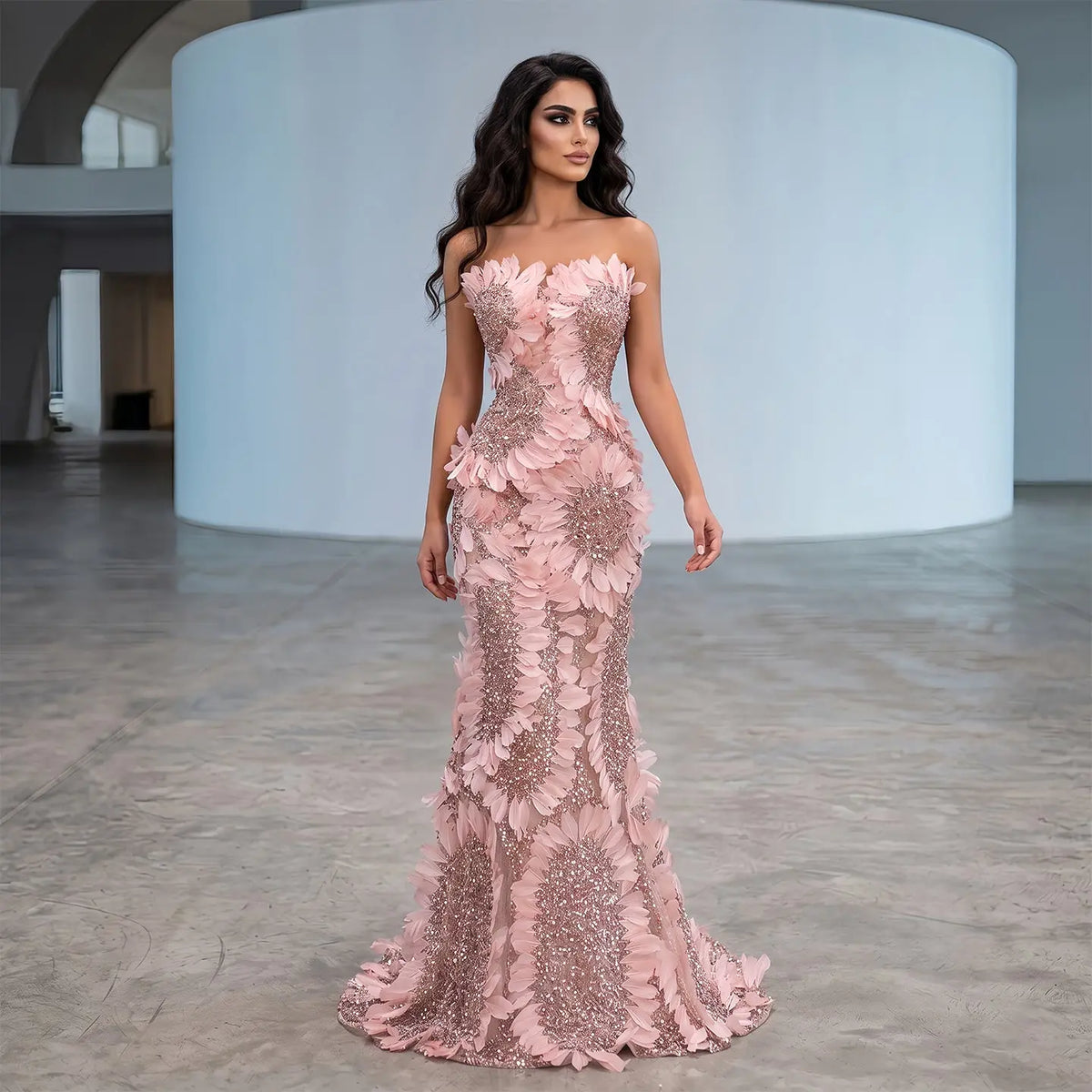 Luxury Pink Off-the-Shoulder Feather Applique Mermaid Evening Dress SS258
