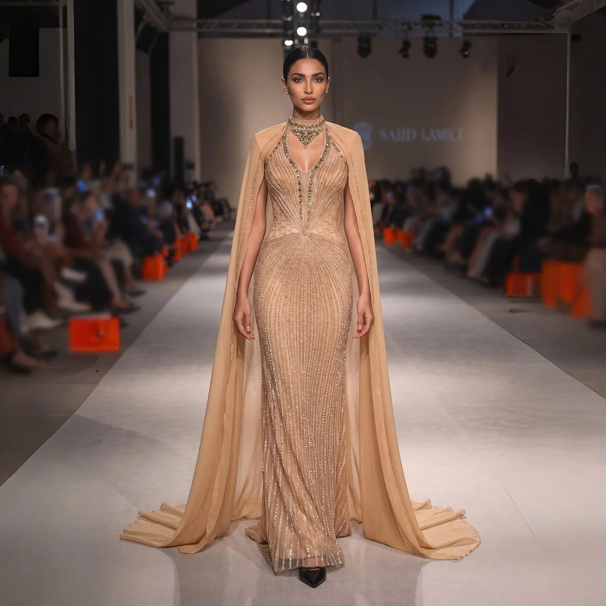 Champagne Beaded Cape Evening Dress SS049-1
