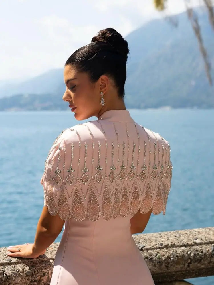 Pink Strapless Beaded Capelet Evening Dress SS302-6