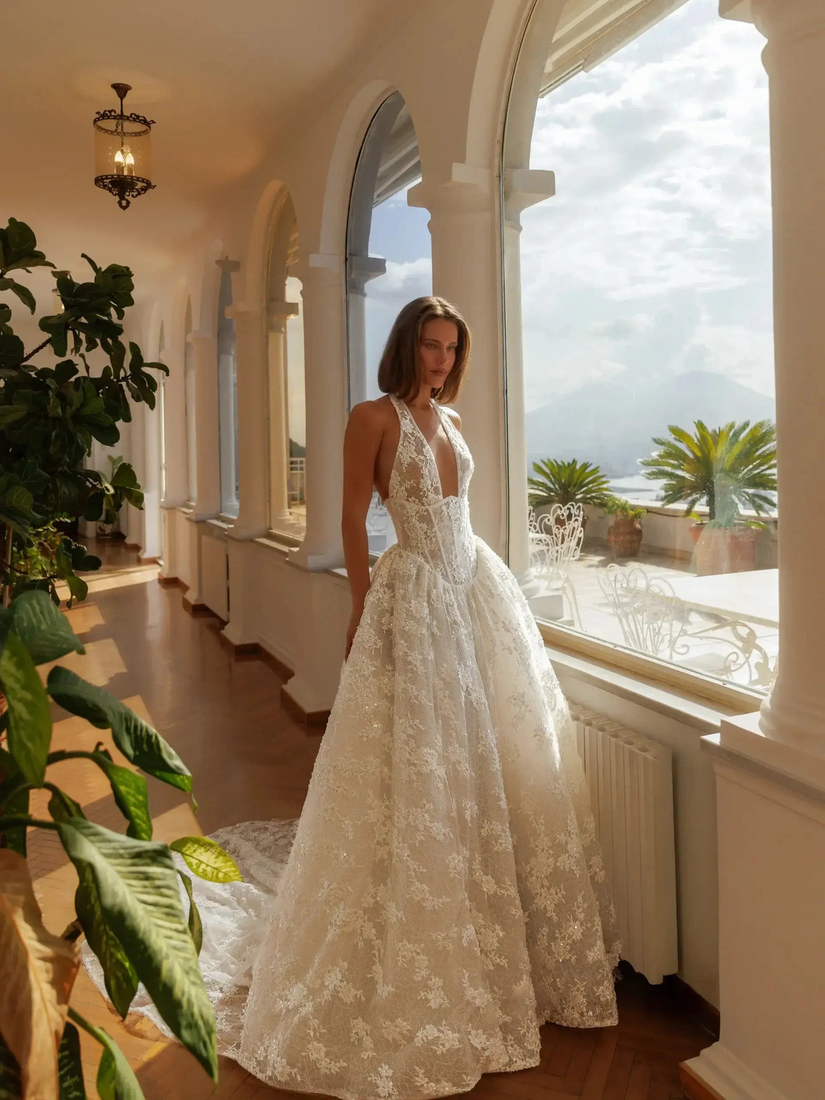 Modern Lace Deep V-Neck Halter Ball Gown Wedding Dress with Train SW185 Modern Lace Deep V-Neck Halter Ball Gown Wedding Dress with Train SW185