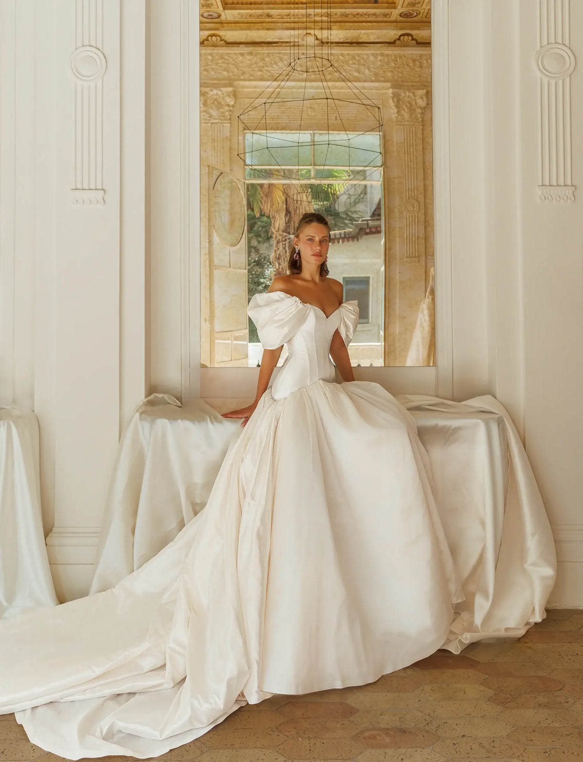 Romantic White Satin Off-the-Shoulder Puff Sleeve Ball Gown Wedding Dress SW192