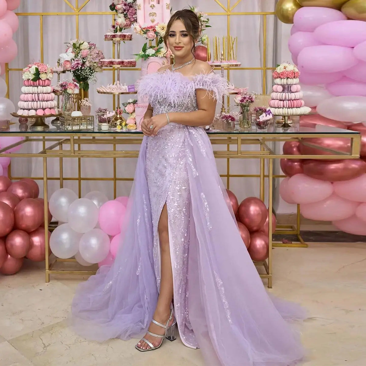 Luxury Feathers Lilac Evening Dress with Overskirt SS252 - SHARONSAID Luxury Feathers Lilac Evening Dress with Overskirt SS252 - SHARONSAID