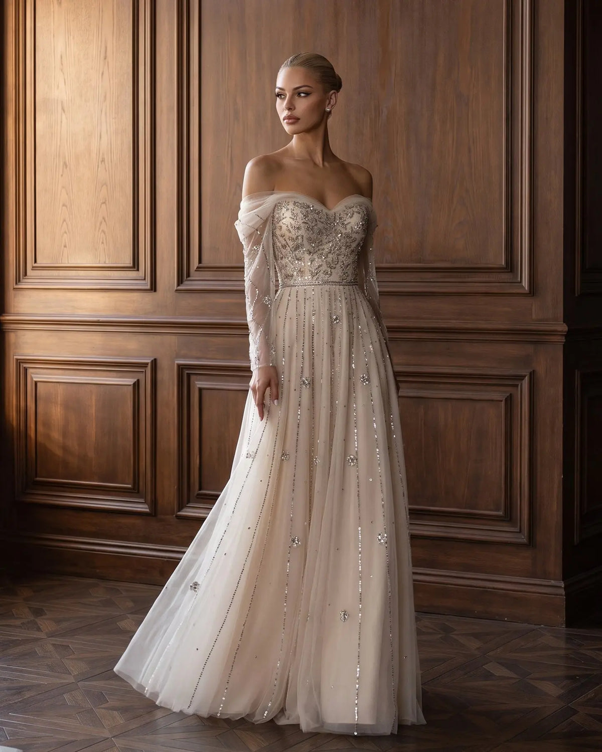 Beige Off Shoulder Long Sleeve Sequins Evening Gown