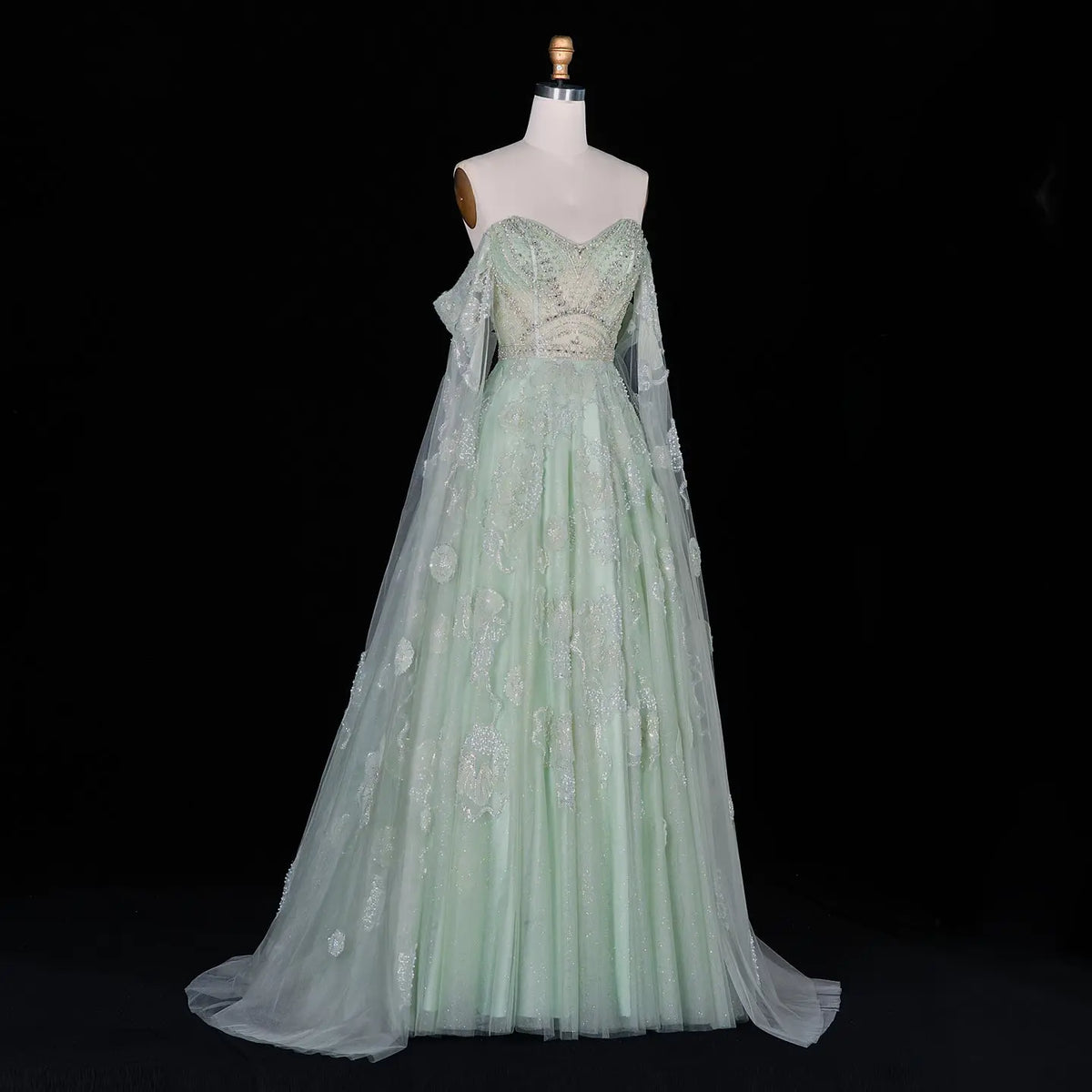 Sage Green Floral Off Shoulder Evening Dress SS754