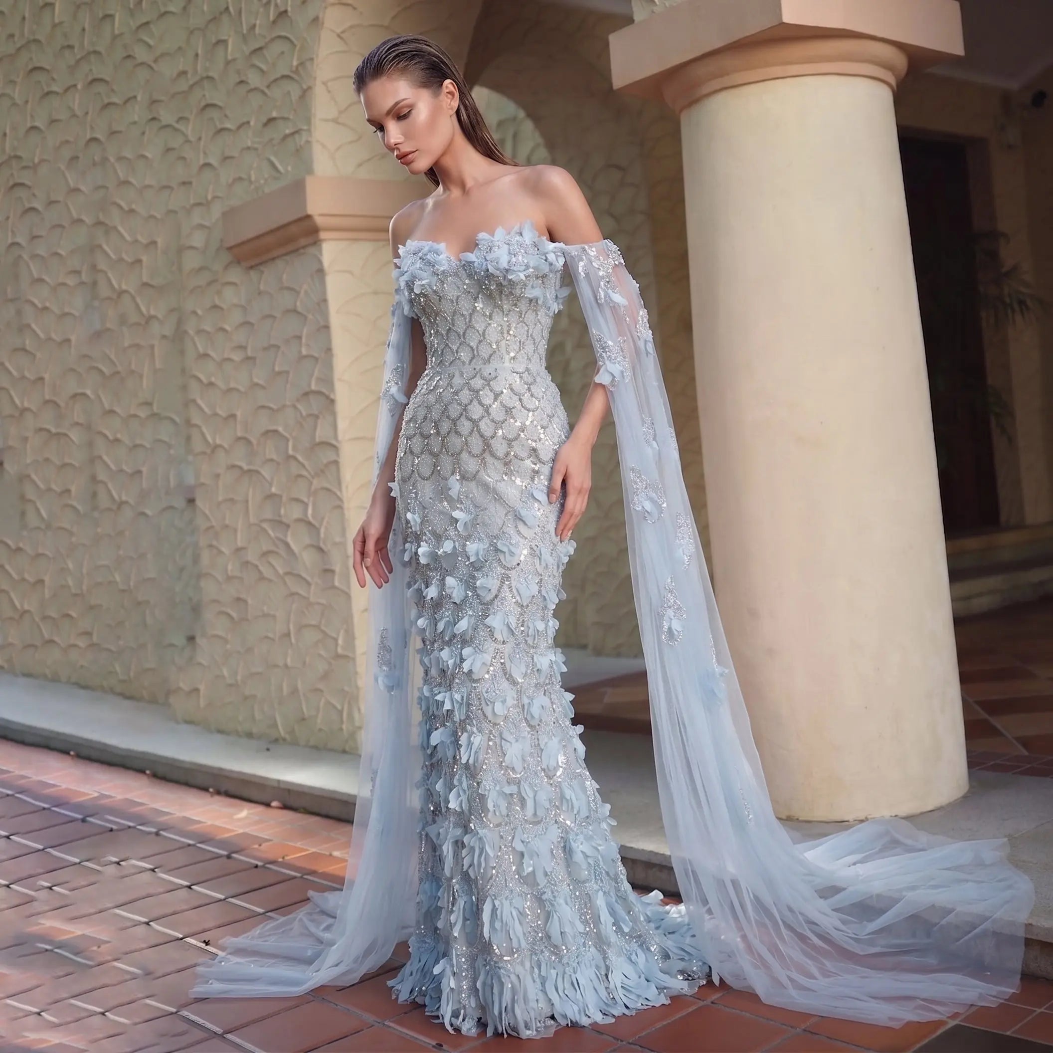 Soft Blue 3D Floral Tulle Mermaid Evening Dress with Cape Sleeves