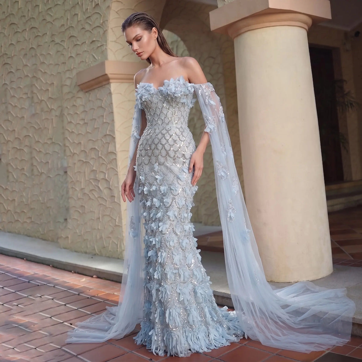 mermaid prom dress with cape Plus Rhinestone Detail Mock Neck Mermaid Hem Formal Cape Dress Curvepretty