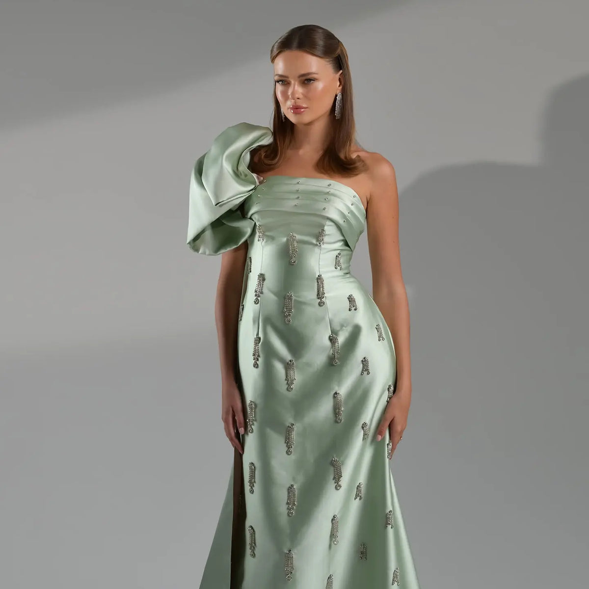 Final Sale Sage Green One-Shoulder Tassel Evening Dress with Cape SS368 Final Sale Sage Green One-Shoulder Tassel Evening Dress with Cape SS368