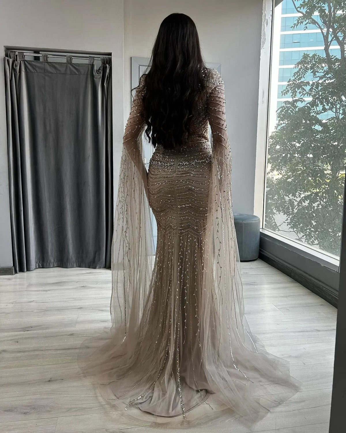 Luxury Caramel Square Neck Evening Dress with Cape Sleeves SS330 - SHARONSAID Luxury Caramel Square Neck Evening Dress with Cape Sleeves SS330 - SHARONSAID