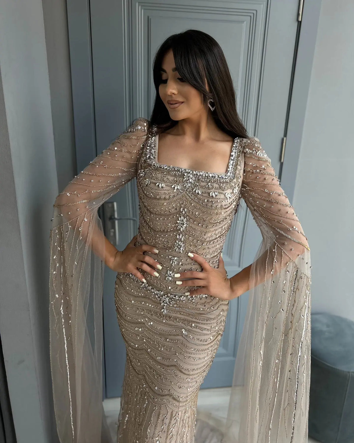 Luxury Caramel Square Neck Evening Dress with Cape Sleeves SS330 Luxury Caramel Square Neck Evening Dress with Cape Sleeves SS330