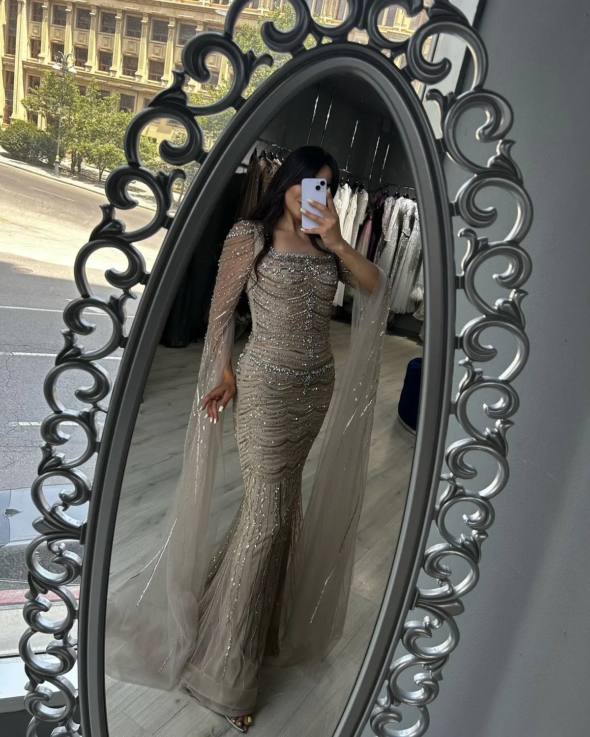 Luxury Caramel Square Neck Evening Dress with Cape Sleeves SS330 - SHARONSAID Luxury Caramel Square Neck Evening Dress with Cape Sleeves SS330 - SHARONSAID