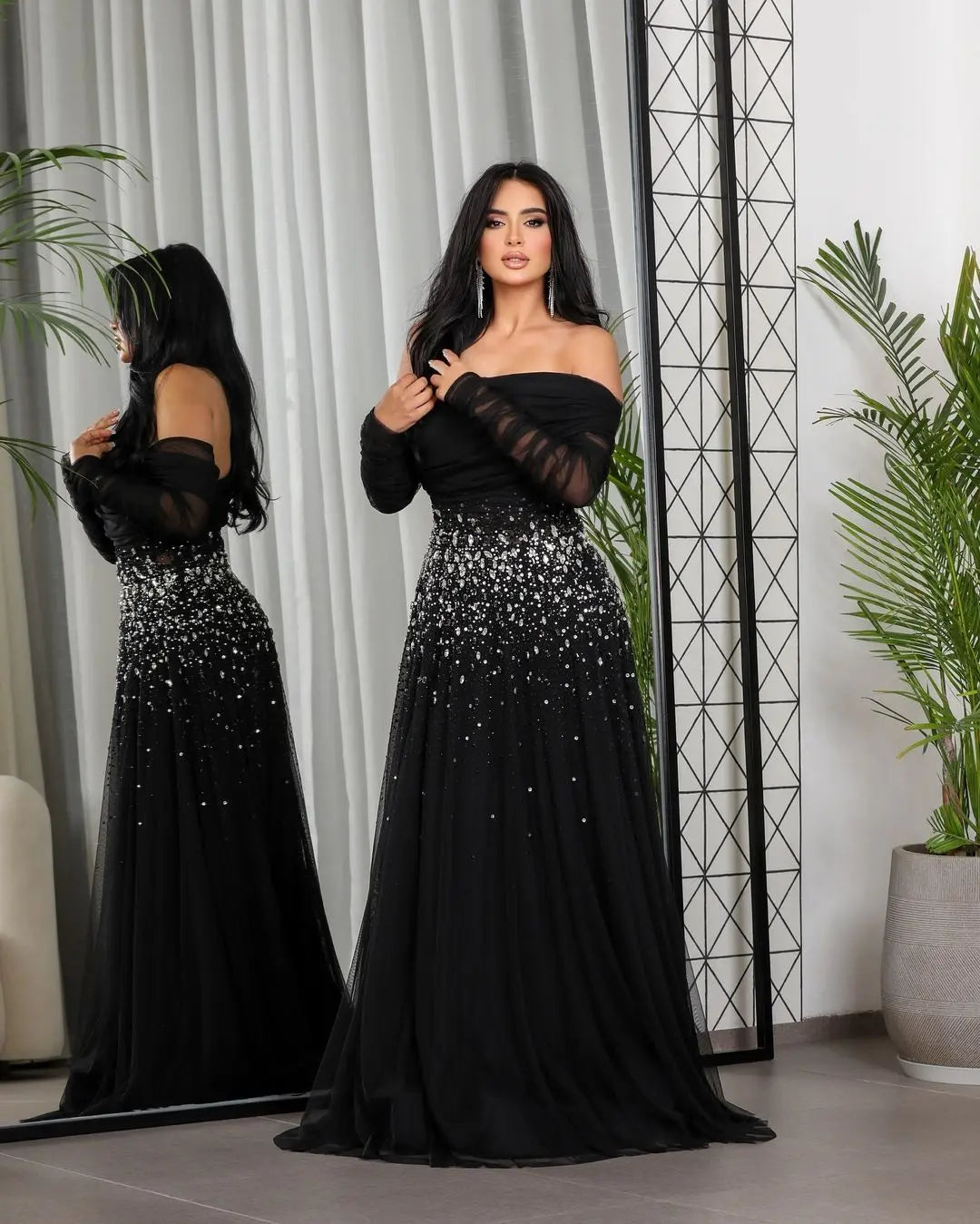 Elegant Black Beaded Tulle Off Shoulder Evening Dress SF333 