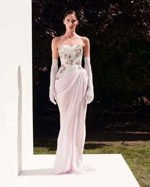 Elegant Pink 3D Flowers Strapless Evening Dresses SS259 