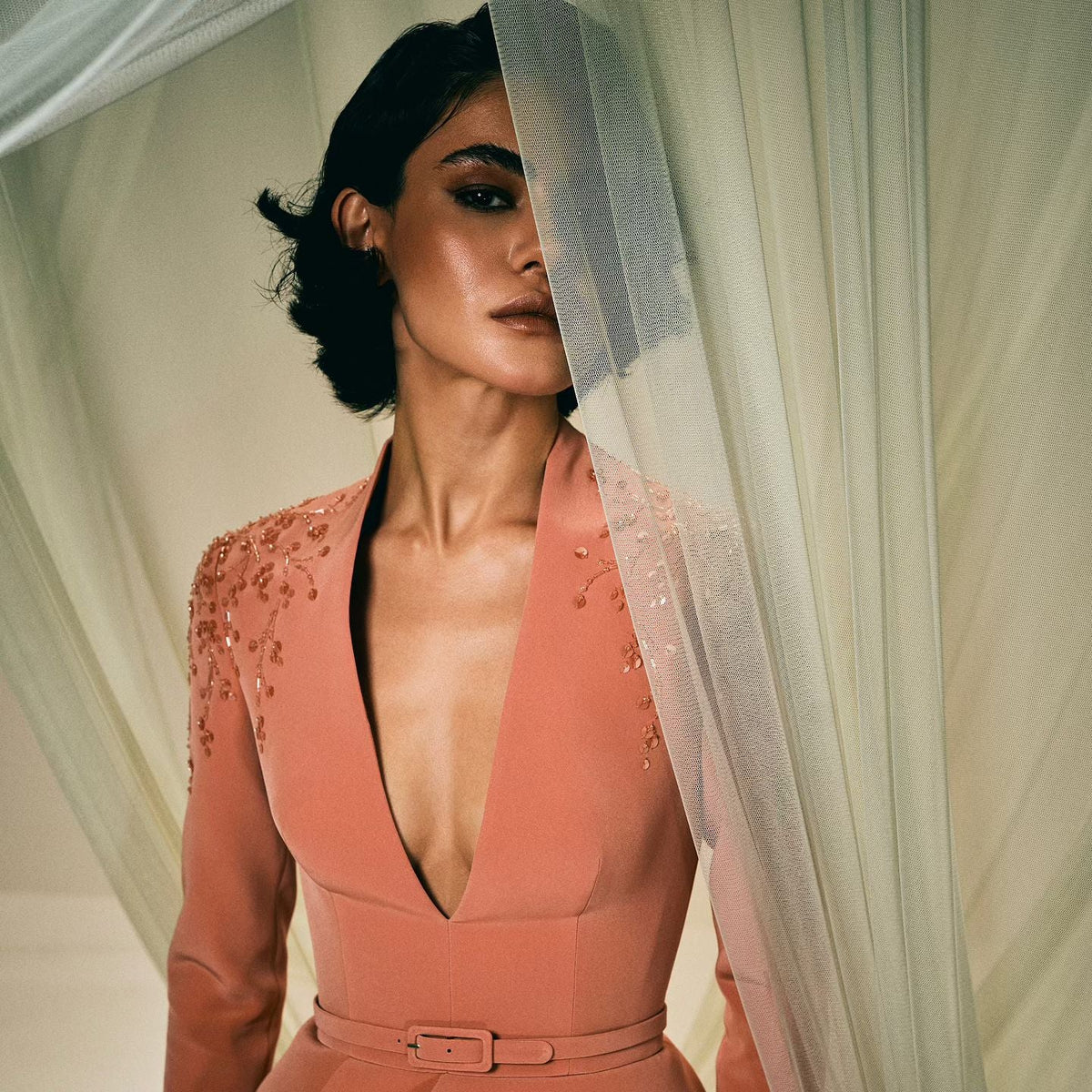 Elegant Crystal Orange Evening Dress with Long Sleeves SS216