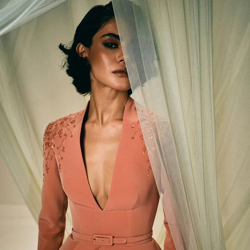 Elegant Crystal Orange Evening Dress with Long Sleeves SS216 