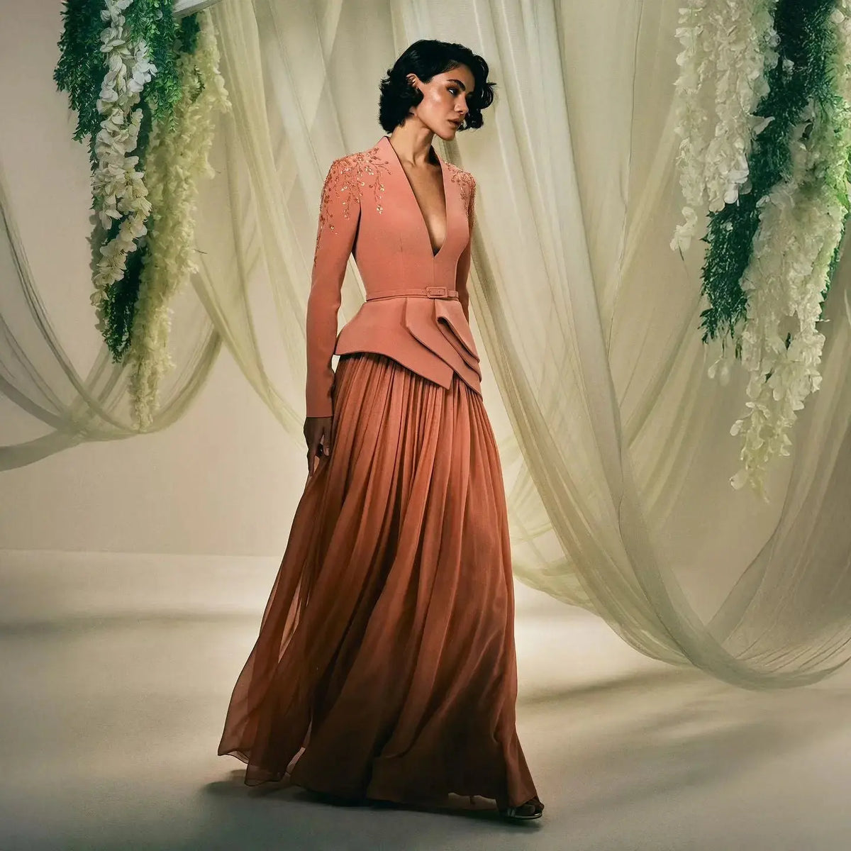 Final Sale Elegant Crystal Orange Evening Dress with Long Sleeves SS216 Final Sale Elegant Crystal Orange Evening Dress with Long Sleeves SS216