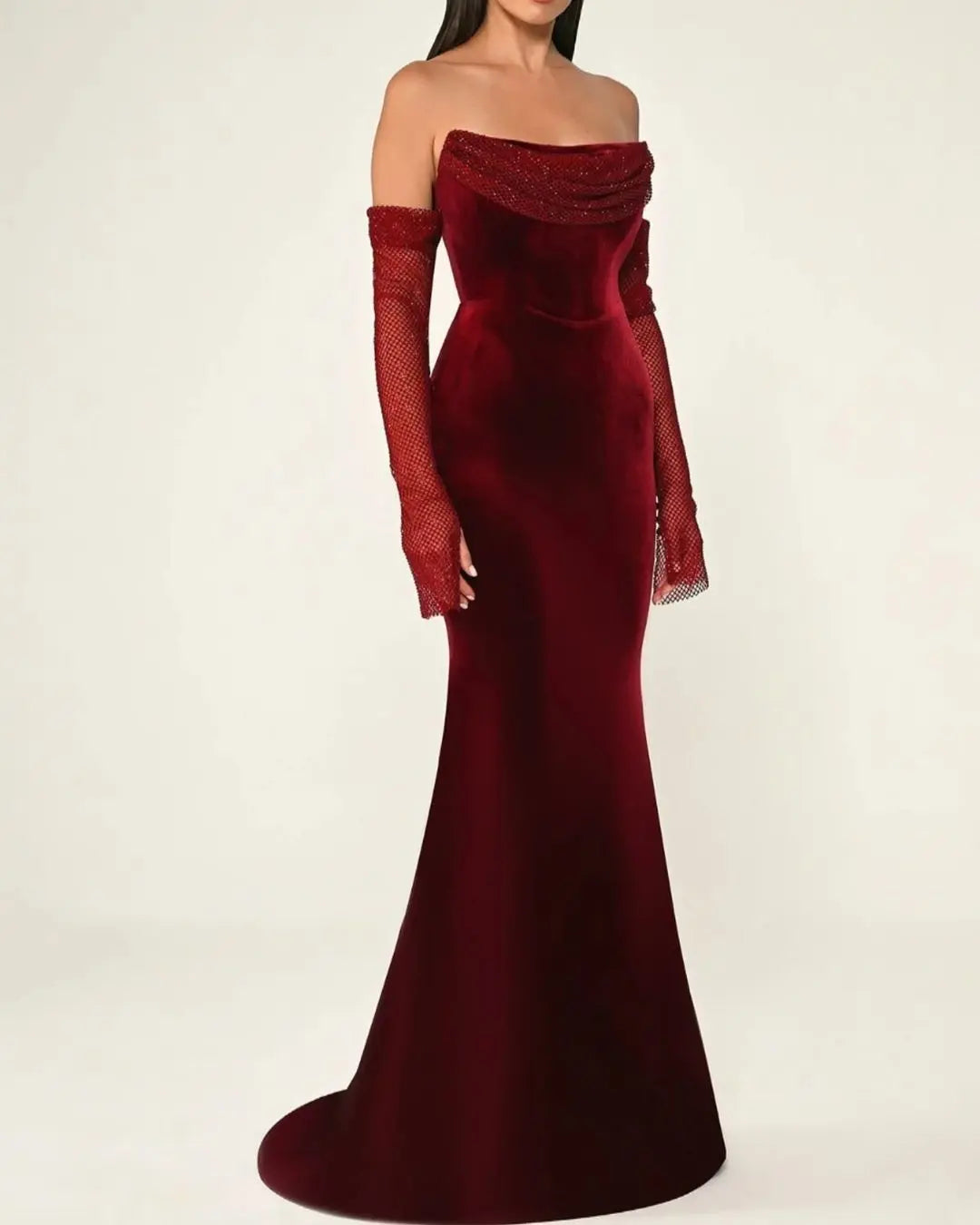 strapless open back dress Elegant Velvet Strapless Evening Dress with Sleeves SF355