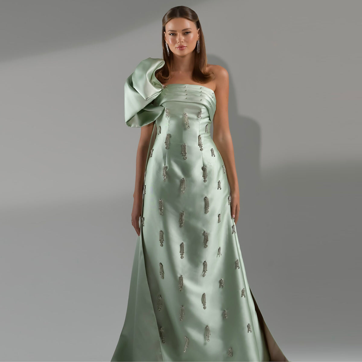 Sharon Said Arabic Sage Green One Shoulder Evening Dress with Cape Luxury Crystal Tassel Dubai Wedding Party Gowns SS368