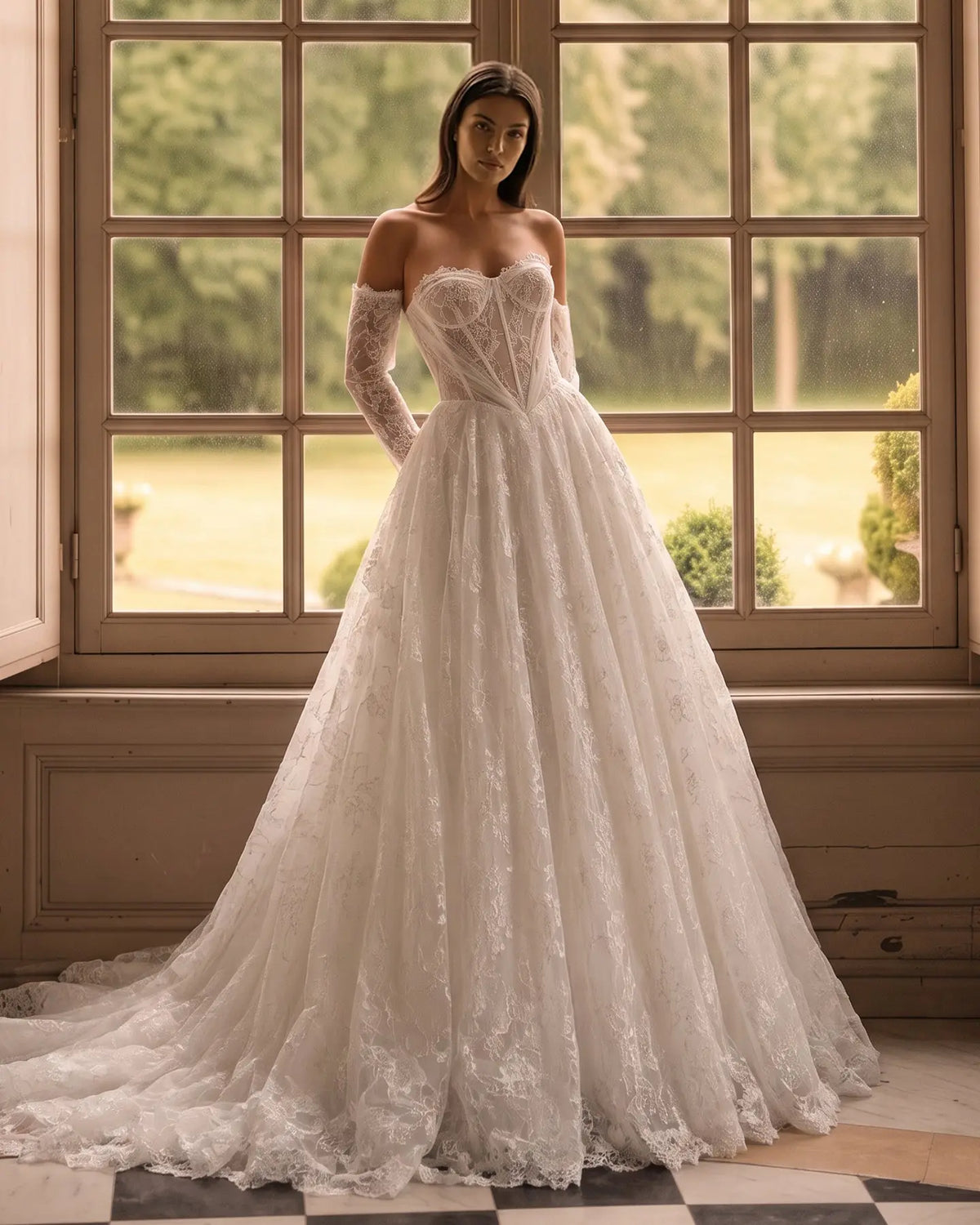 Off White Floral Lace Ball Gown Wedding Dress