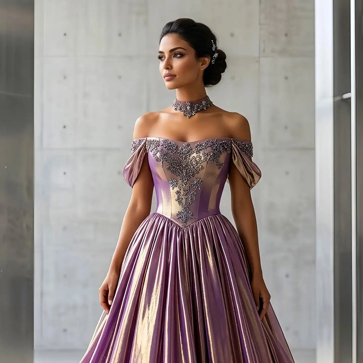 Luxury Rose Gold Gradient Satin Ball Gown Evening Dress with Necklace SS743 