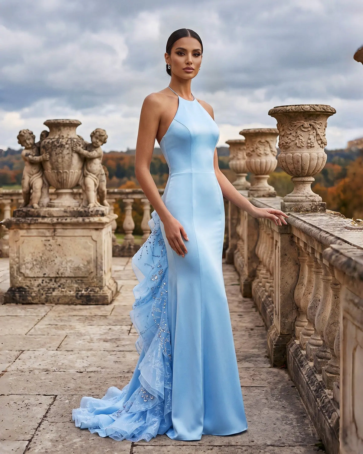 Stunning Blue Halter Evening Dress with Ruffles SS524