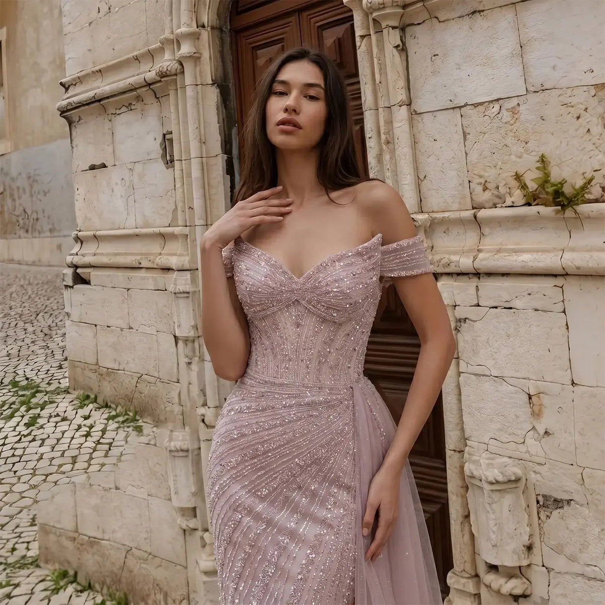 Pink Mermaid Hand Beaded With Flowy Tulle Side Train Evening Dress SS005