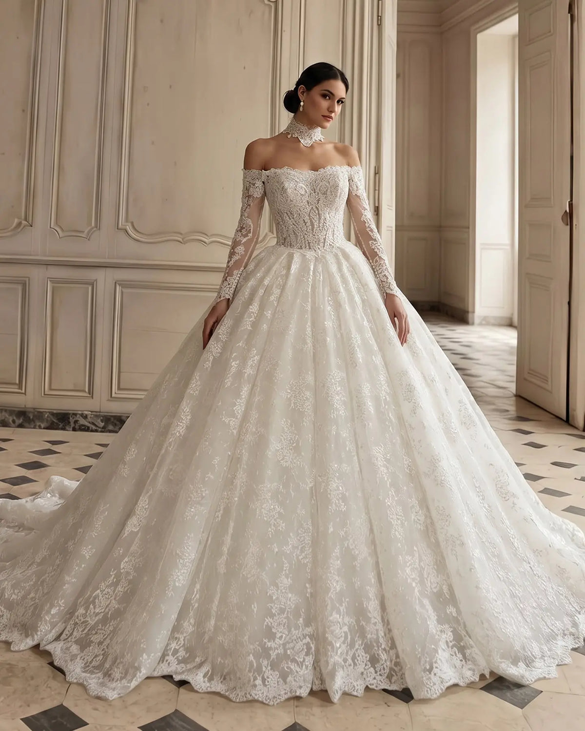 White Long Sleeve Ball Gown Wedding Dress SW681