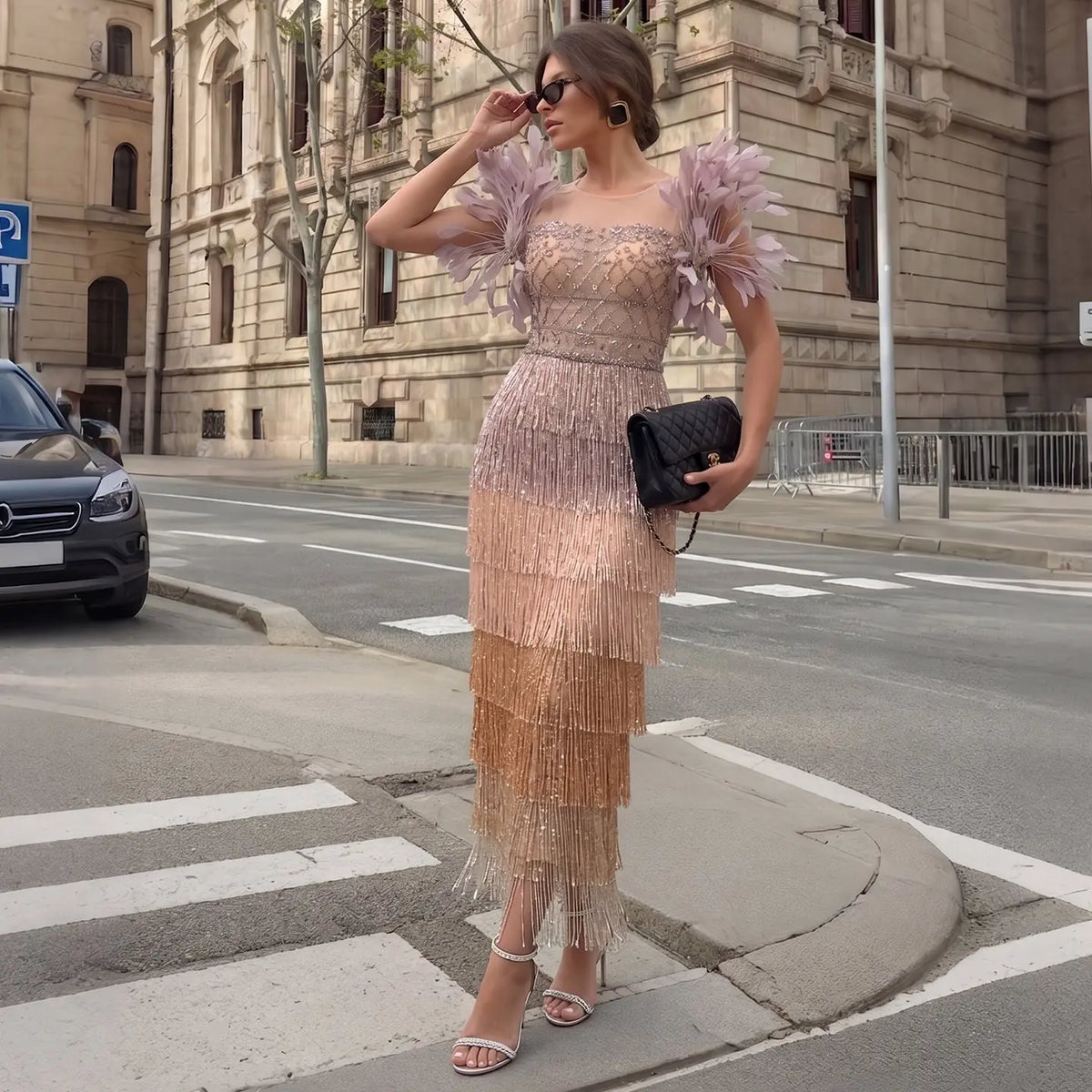 Luxury Feathers Tassel Lilac Evening Dress SS379