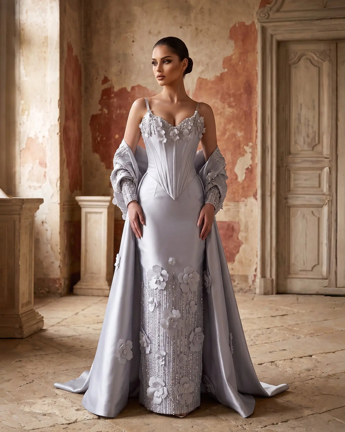 Gray Spaghetti Strap Floral Applique Evening Gown XD005-1
