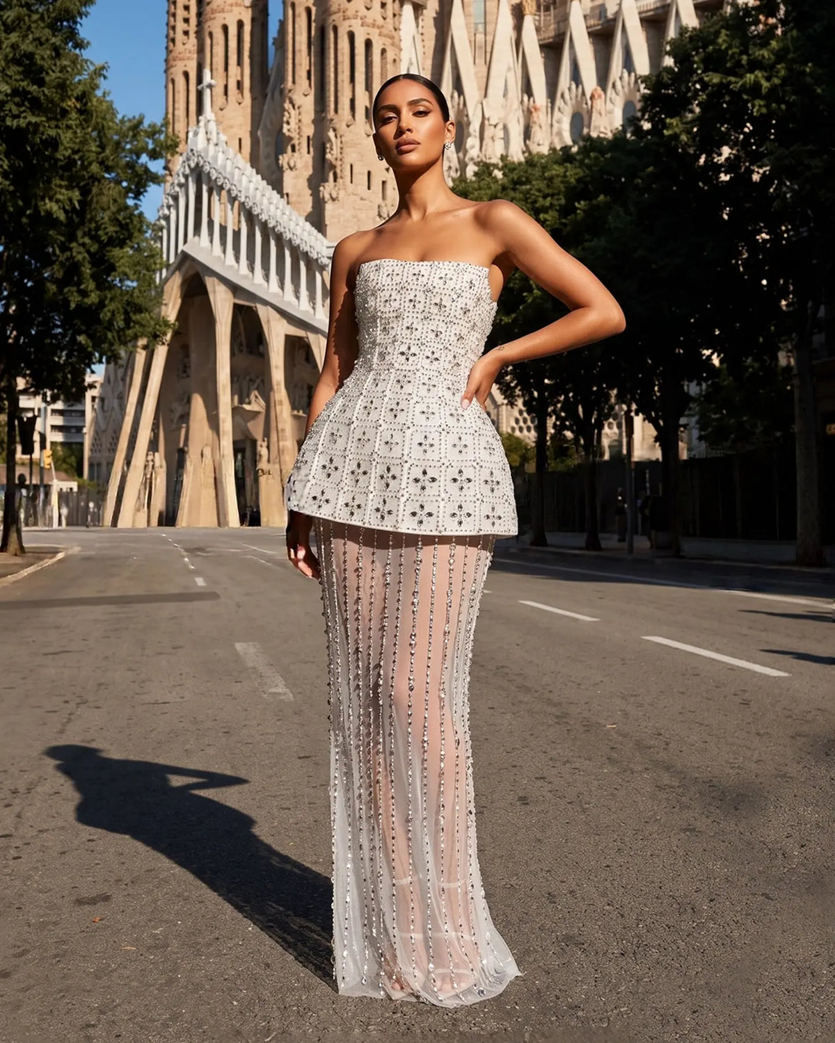Stunning Strapless Crystal White Evening Dress SS545
