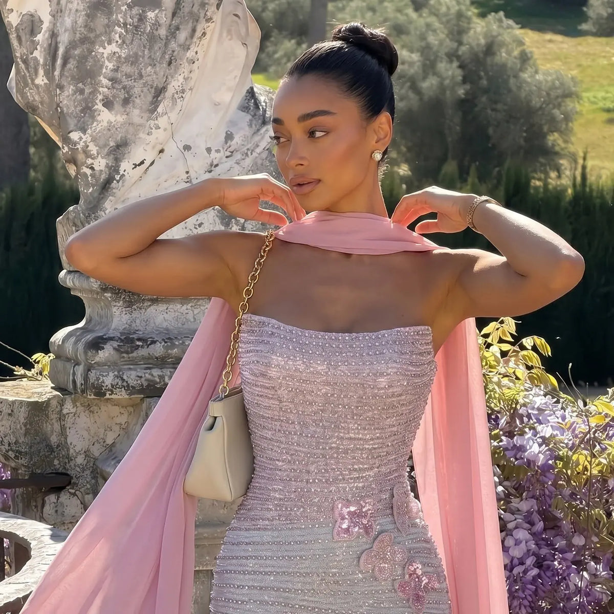 pink sequin maxi dress Blush Amani Draped white heels Agnes Pink Sequin Maxi Dress