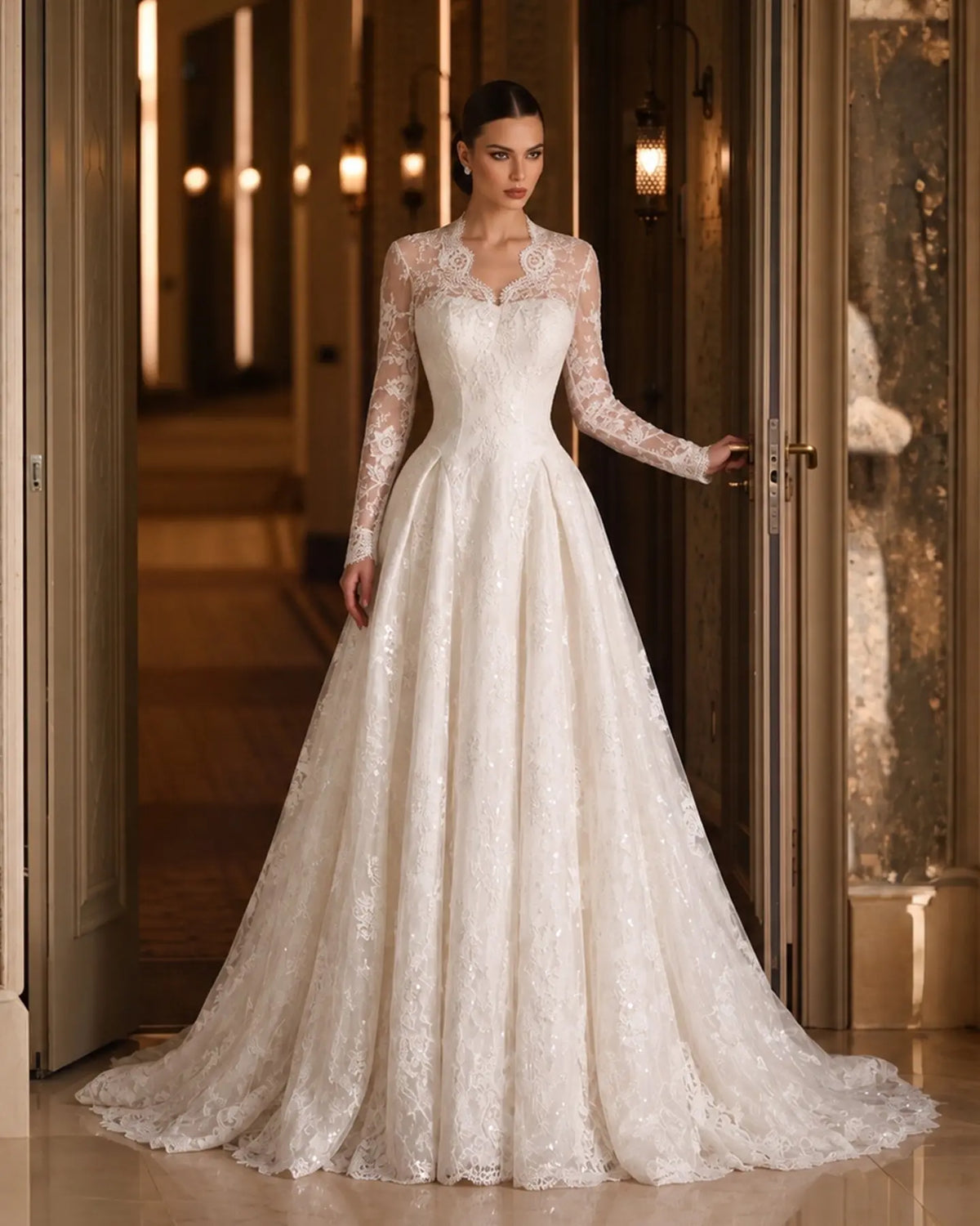 Off White Long Sleeve Tulle Wedding Dress SW672-1