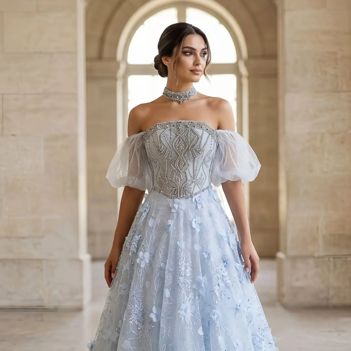 Luxury Blue 3D Floral Beaded Ball Gown Evening Dress with Overskirt SS745 