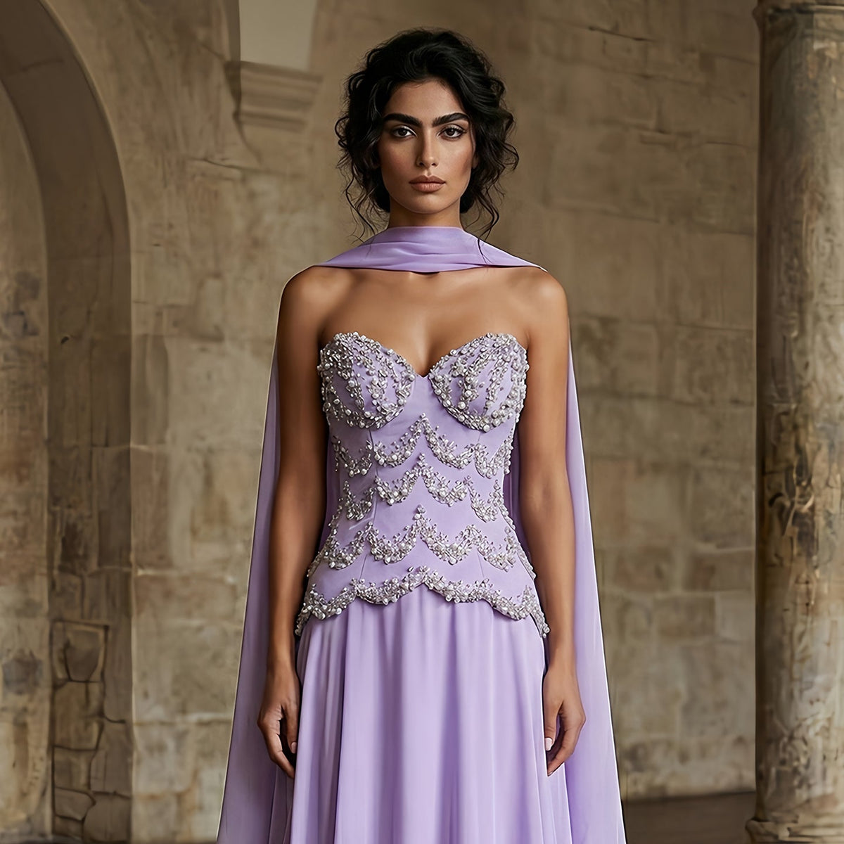 Luxury Purple Beaded Pearl Sweetheart Evening Dress with Scarf SS753 