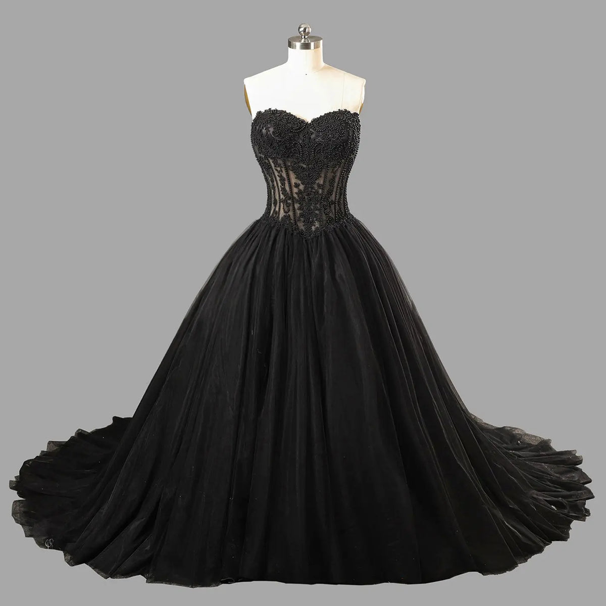 Black Lace Heavy Gothic Beading Wedding Dress Ballgown Corset Closure  SW567