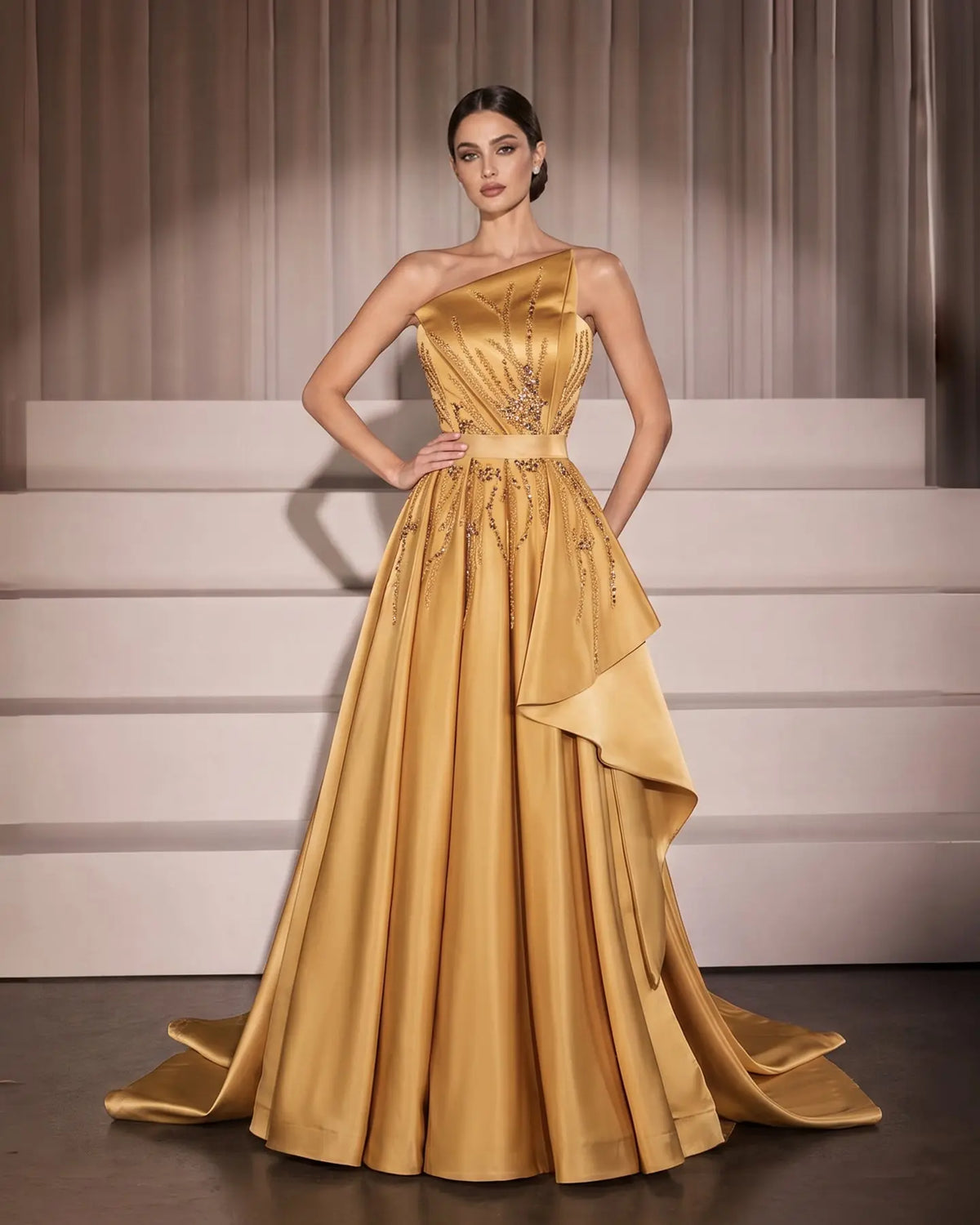 Gold Strapless Sequins Satin Evening Gown XD037-1