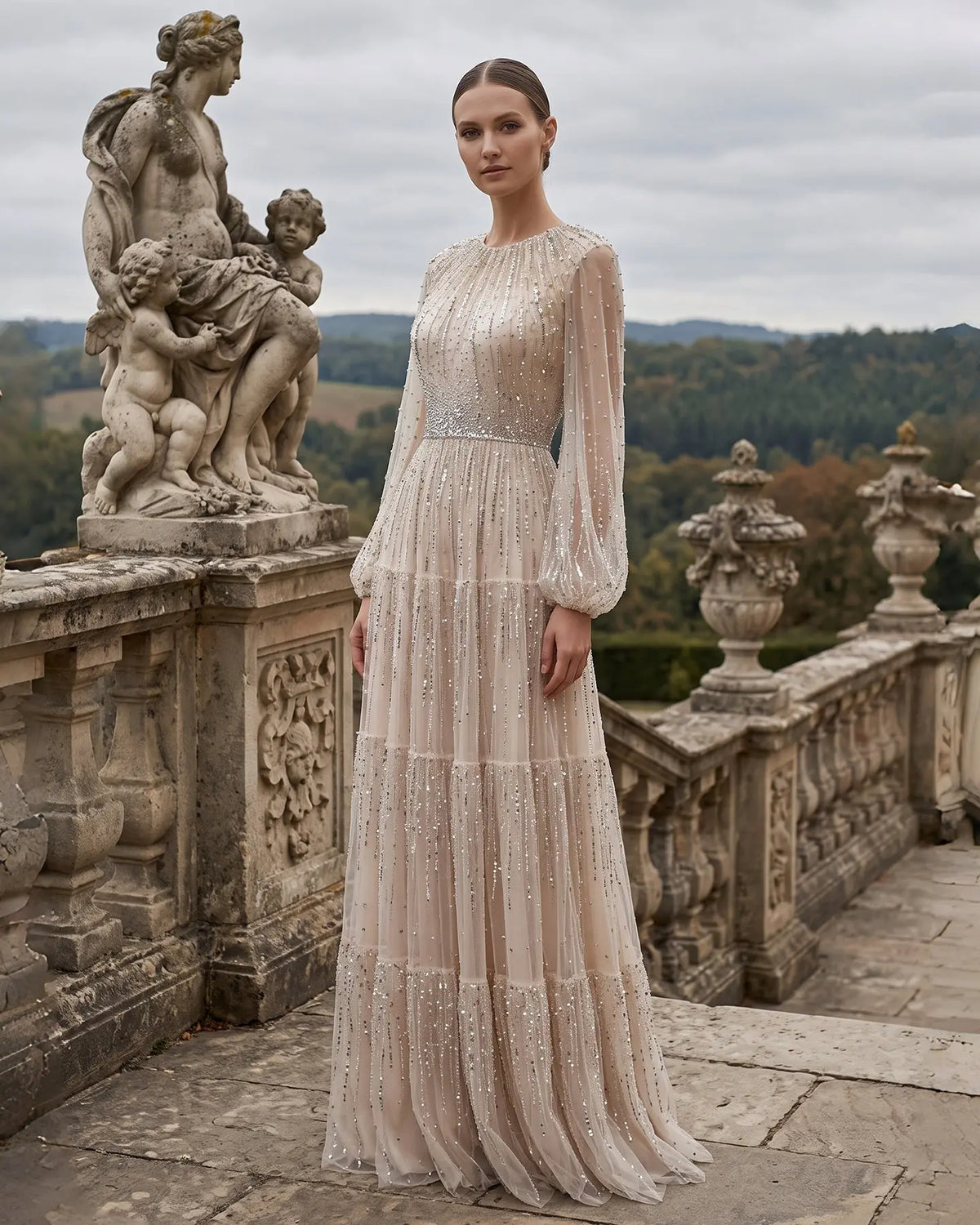 Beige Ruffles Beaded Long Sleeve Evening Dress SS514