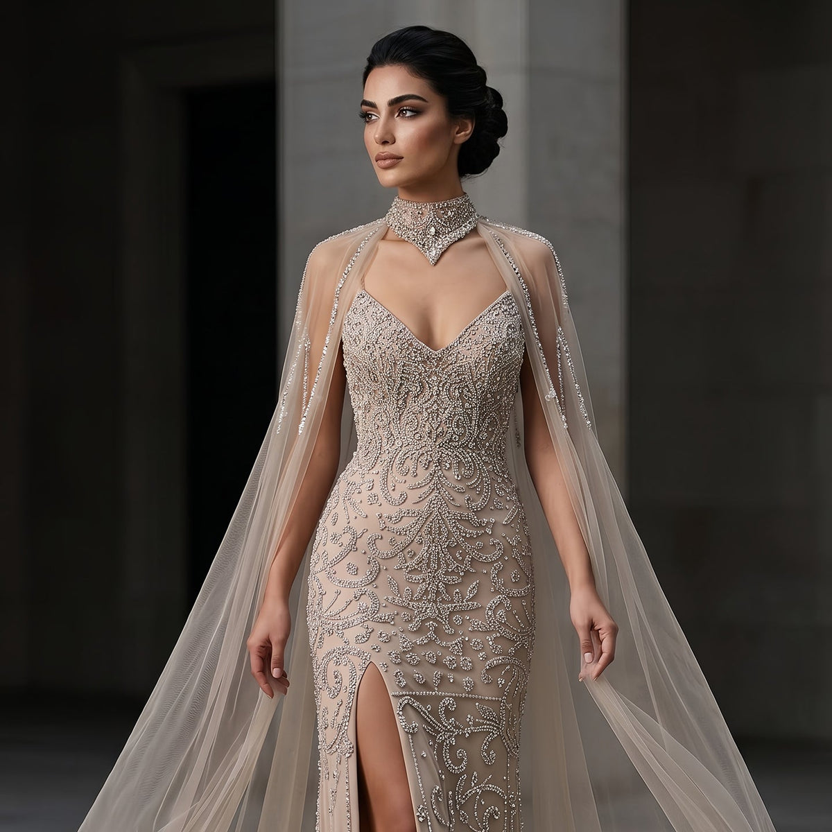 Edgy Champagne High Neck Beaded Mermaid Evening Dress with Cape and Slit SS135 - SHARONSAID