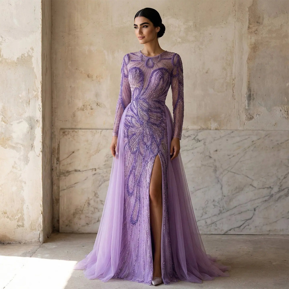 Luxury Green Beaded High-Slit Evening Dress with Overskirt SS160 