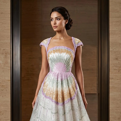 Luxury Ombre Beaded Shell Ball Gown Evening Dress with Cap SS296