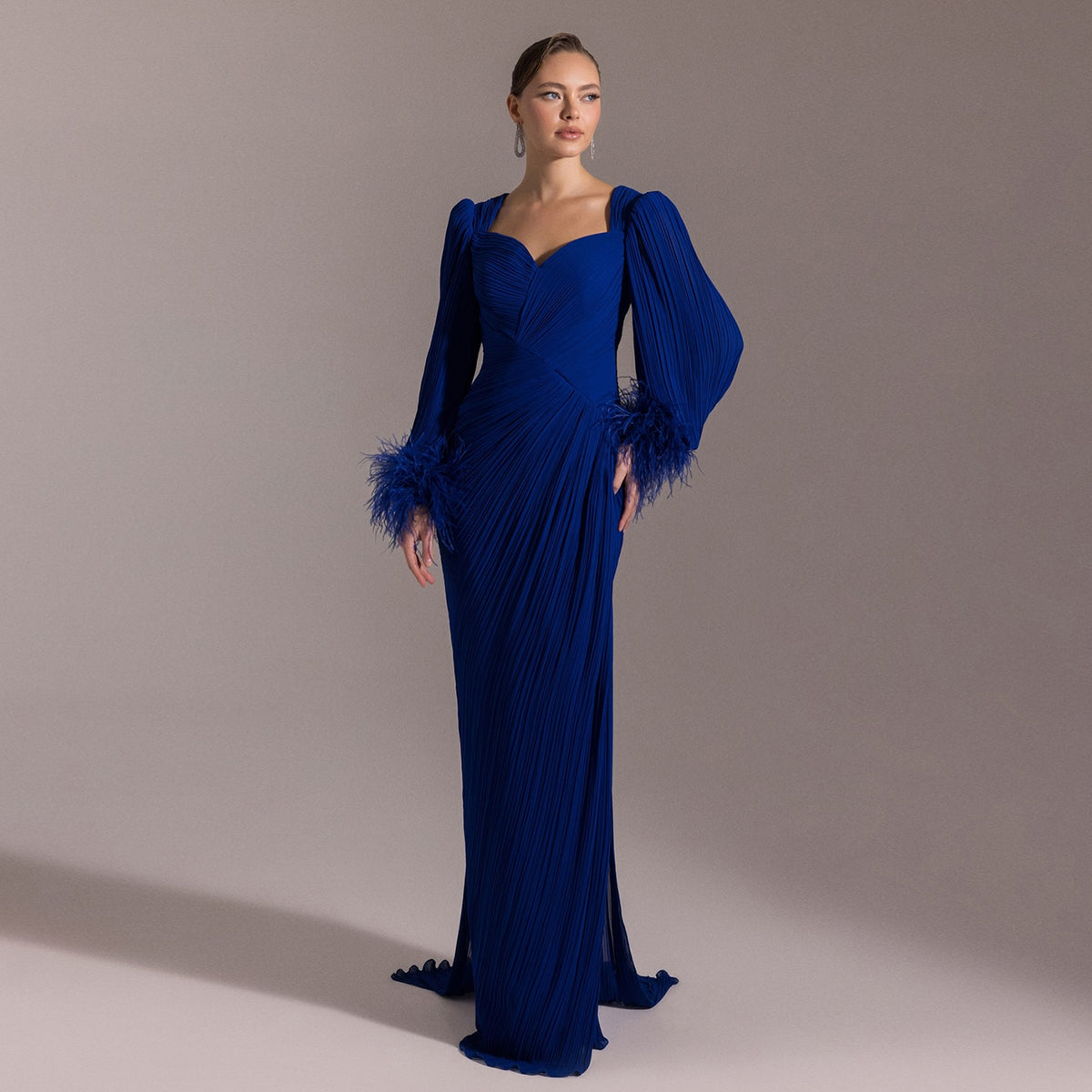 Luxury Feather Fuchsia Long Sleeves Evening Dress with Feathers and Overskirt SF411 