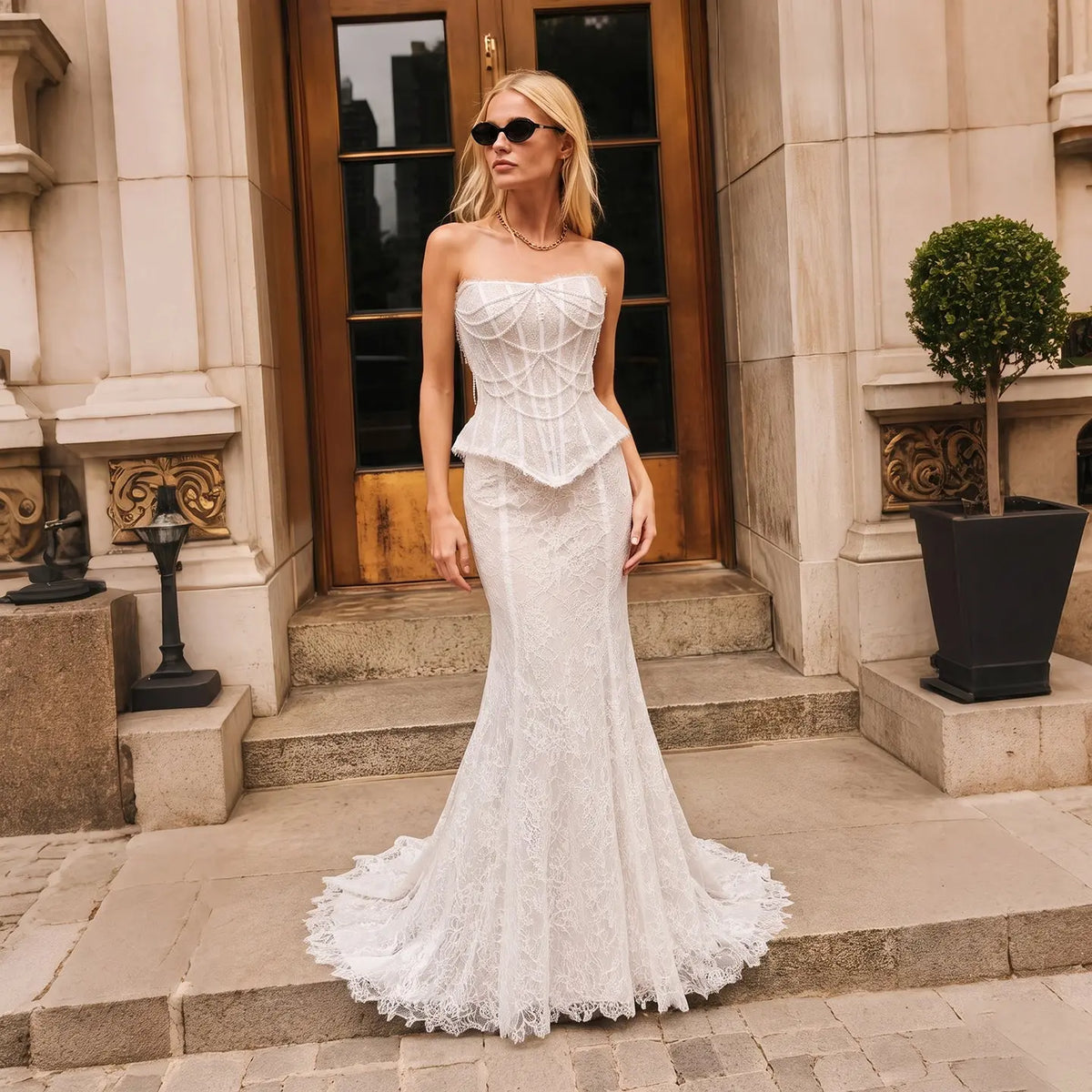 White Lace Train Mermaid Wedding Dress SW626