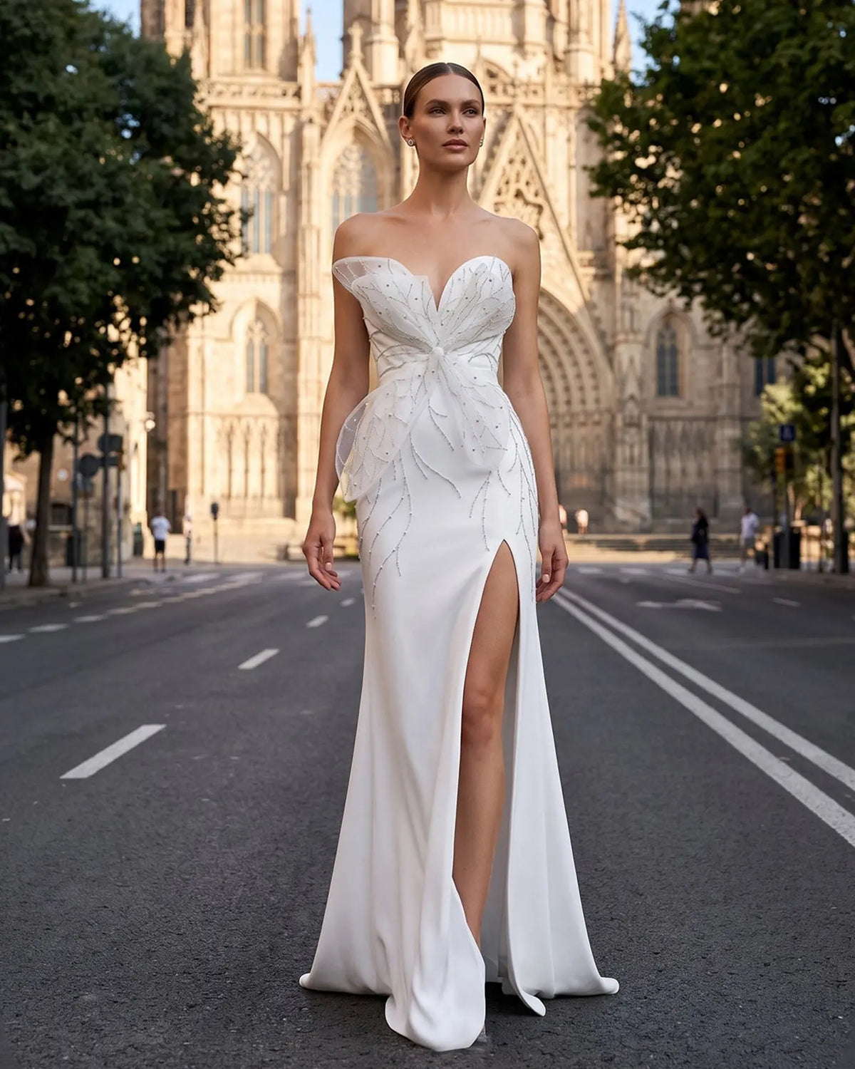 Charming White Beaded Ruched High Slit Sexy Evening Dress SS502