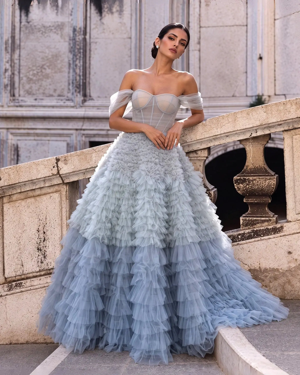 Chic Blue Ombre Tiered Ruffles Ball Gown Evening Dress SS551
