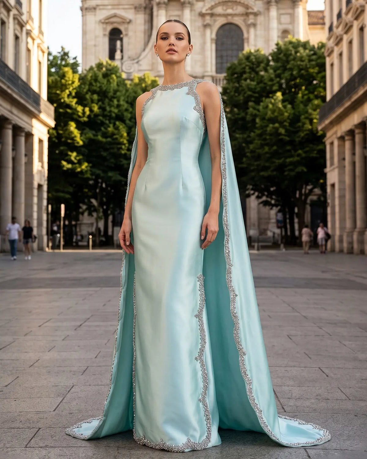 Premium Mint Green Satin Crystal Stylish Evening Dress with Cape SS503
