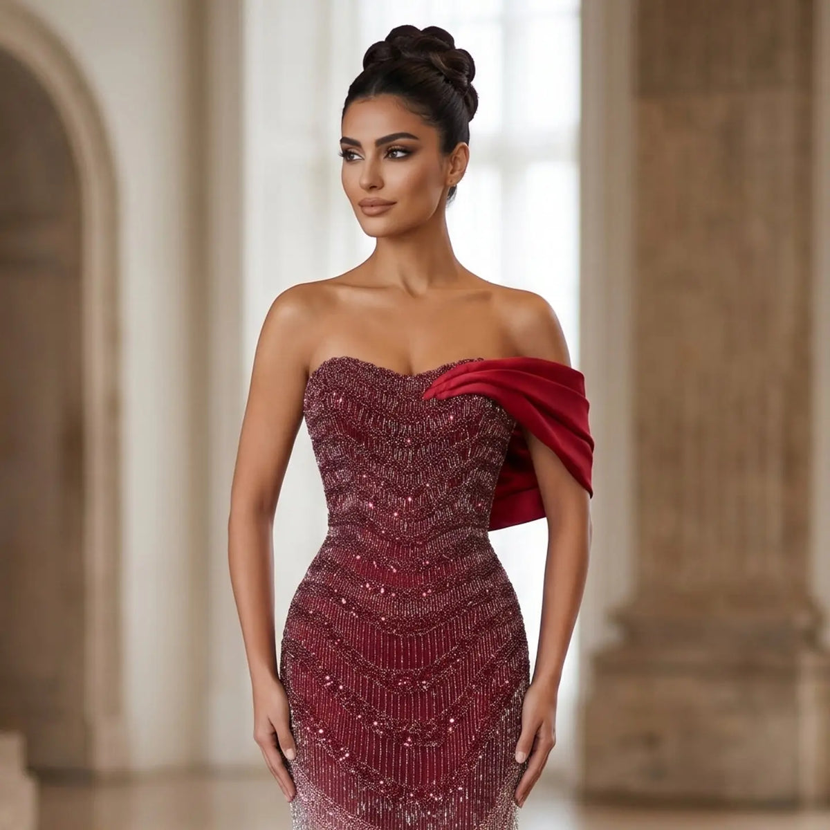 Luxury Burgundy Beaded Ombre Off-Shoulder Mermaid Evening Dress with C –  SHARONSAID