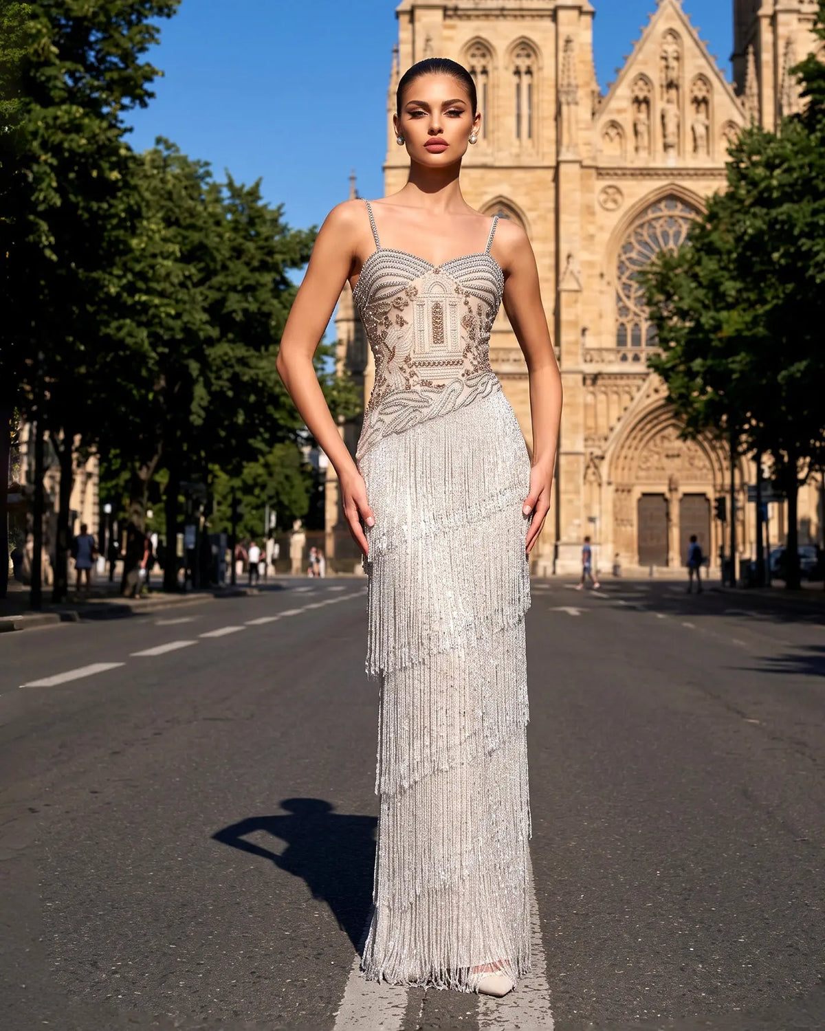 Gray Beaded Fringe Evening Dress SS324