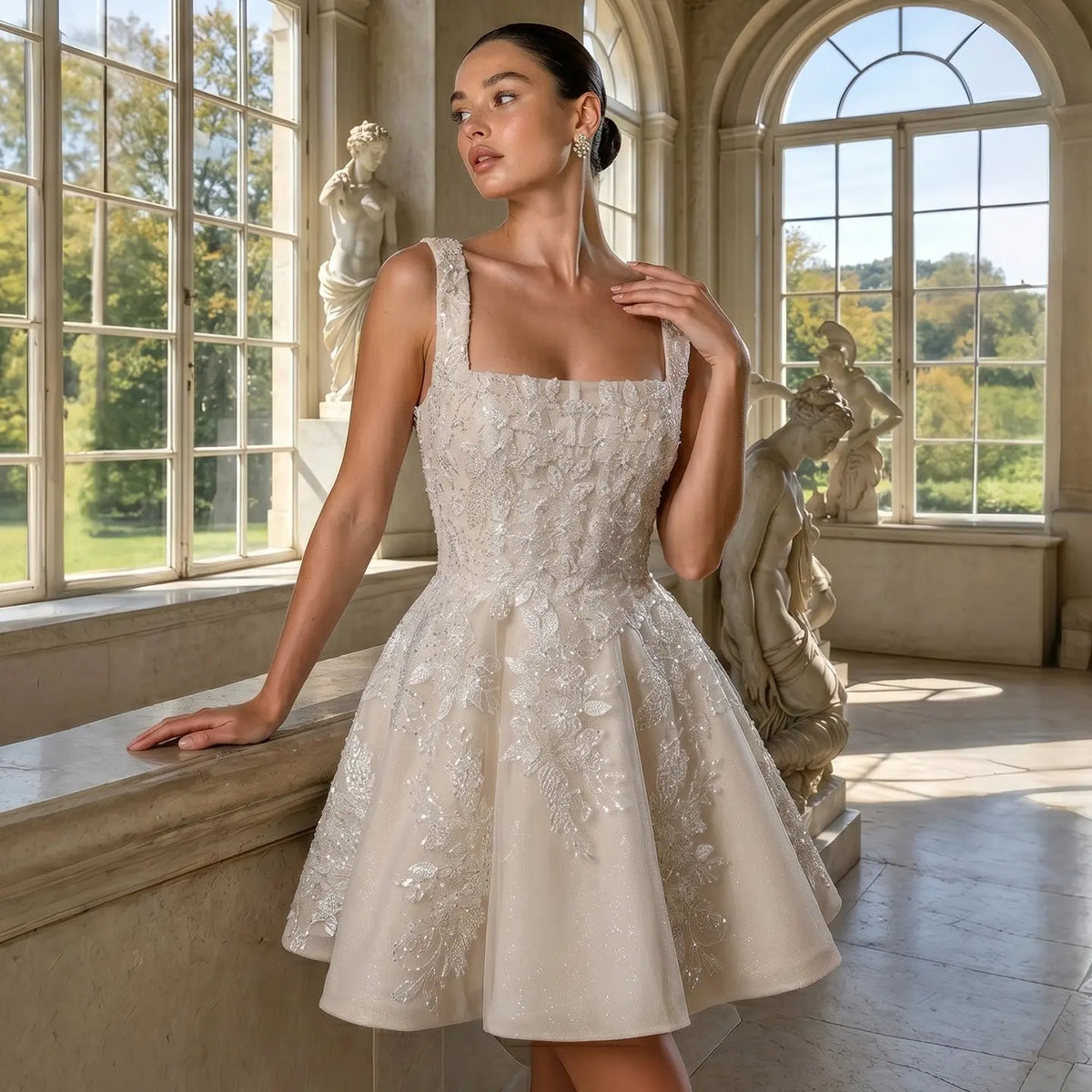 tea length women's white short wedding dress Romantic White Sleeveless A-Line Short Wedding Dress with Deep V Back –  SHARONSAID
