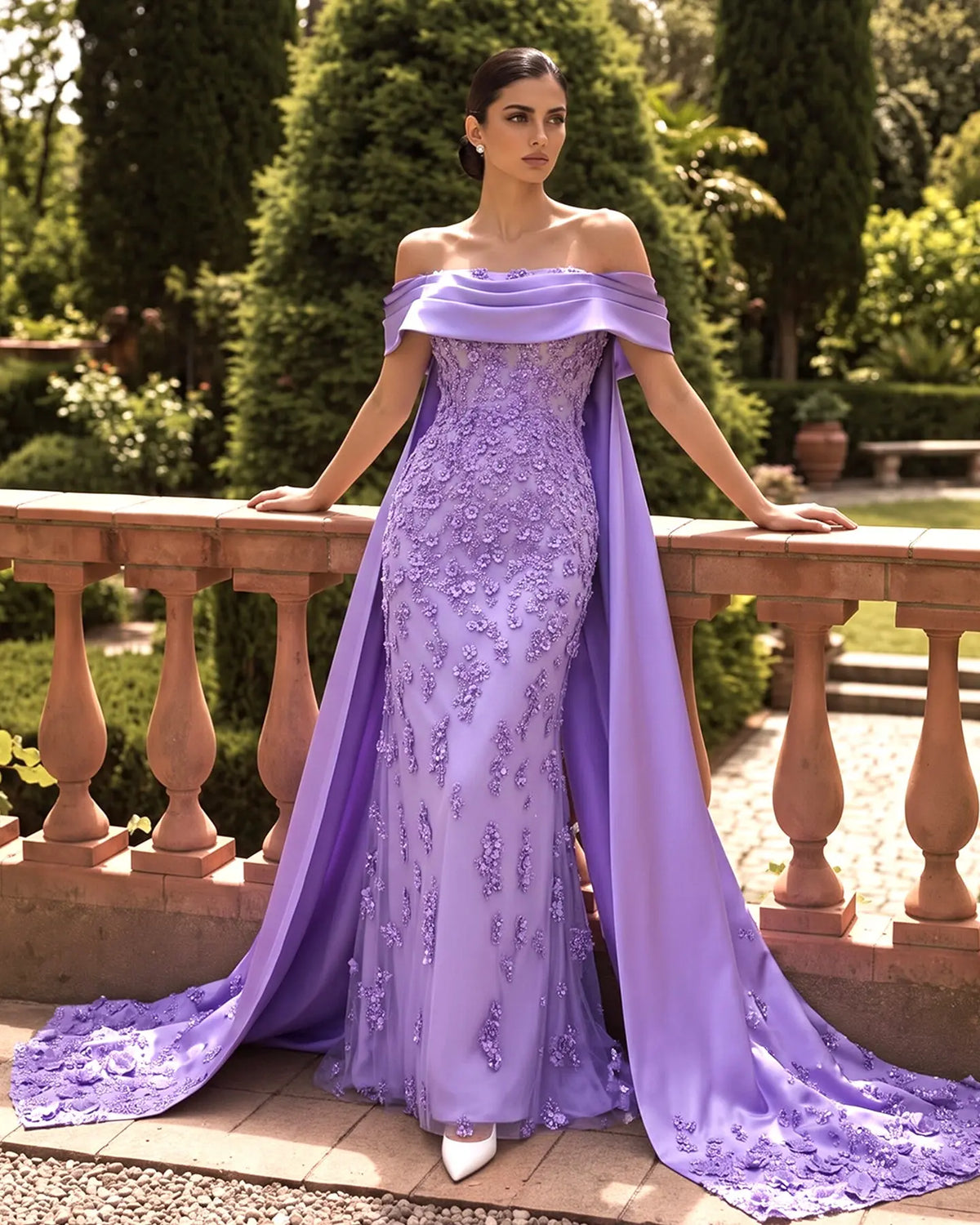 Elegant Crystal Lilac Mermaid Evening Dress with Overskirt SS555