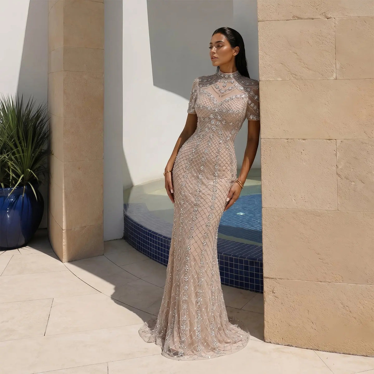 champagne sequin mermaid prom dress Azazie 2026 Corset Lace Up Mermaid Prom Dress Champagne Gown
