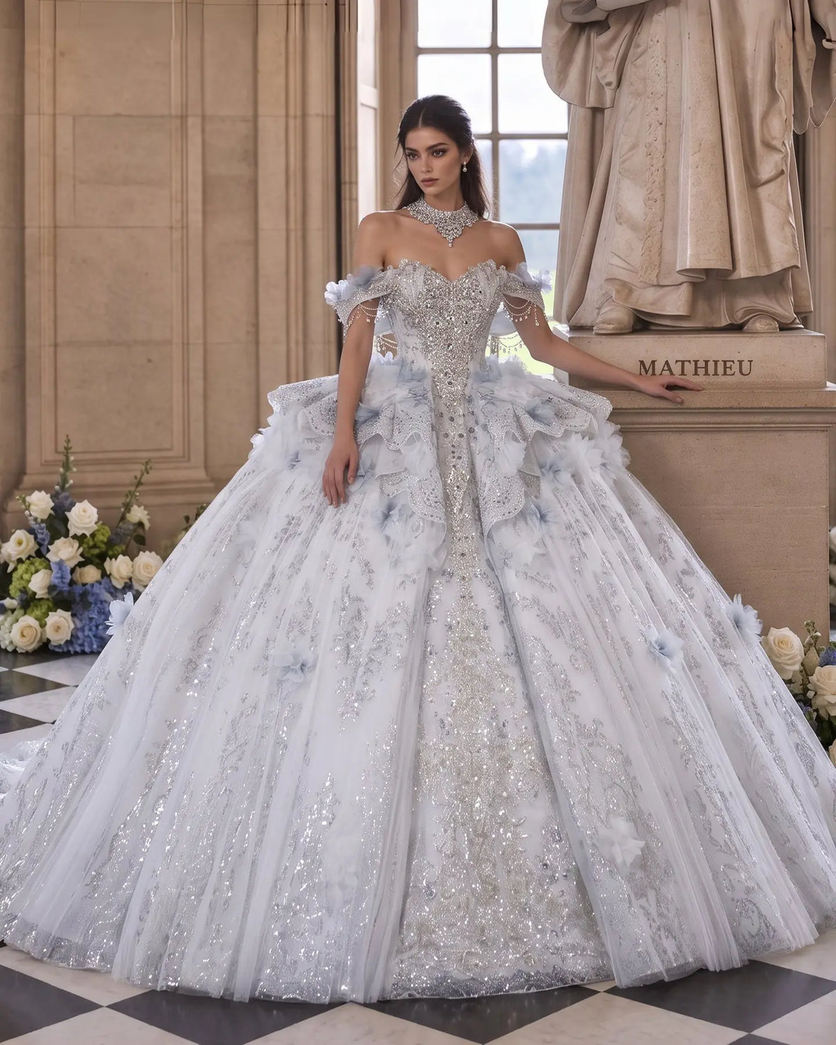 Blue Beaded Floral Crystal Wedding Dress SW610-1